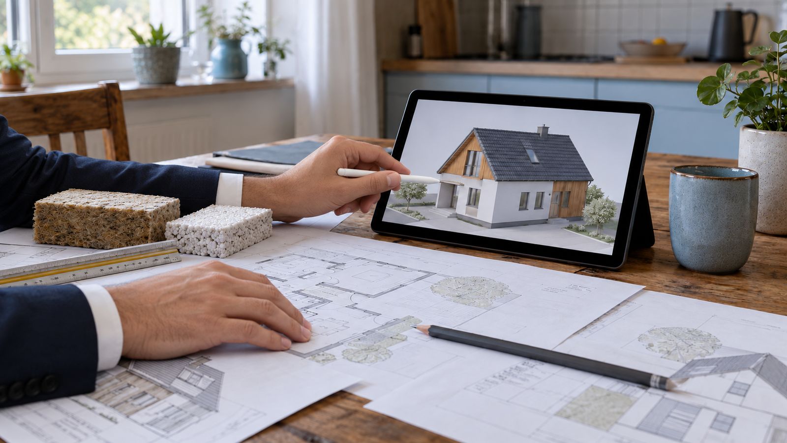 Sanierungsplanung am Tisch: Grundrisse, Tablet mit Hausmodell, Materialproben