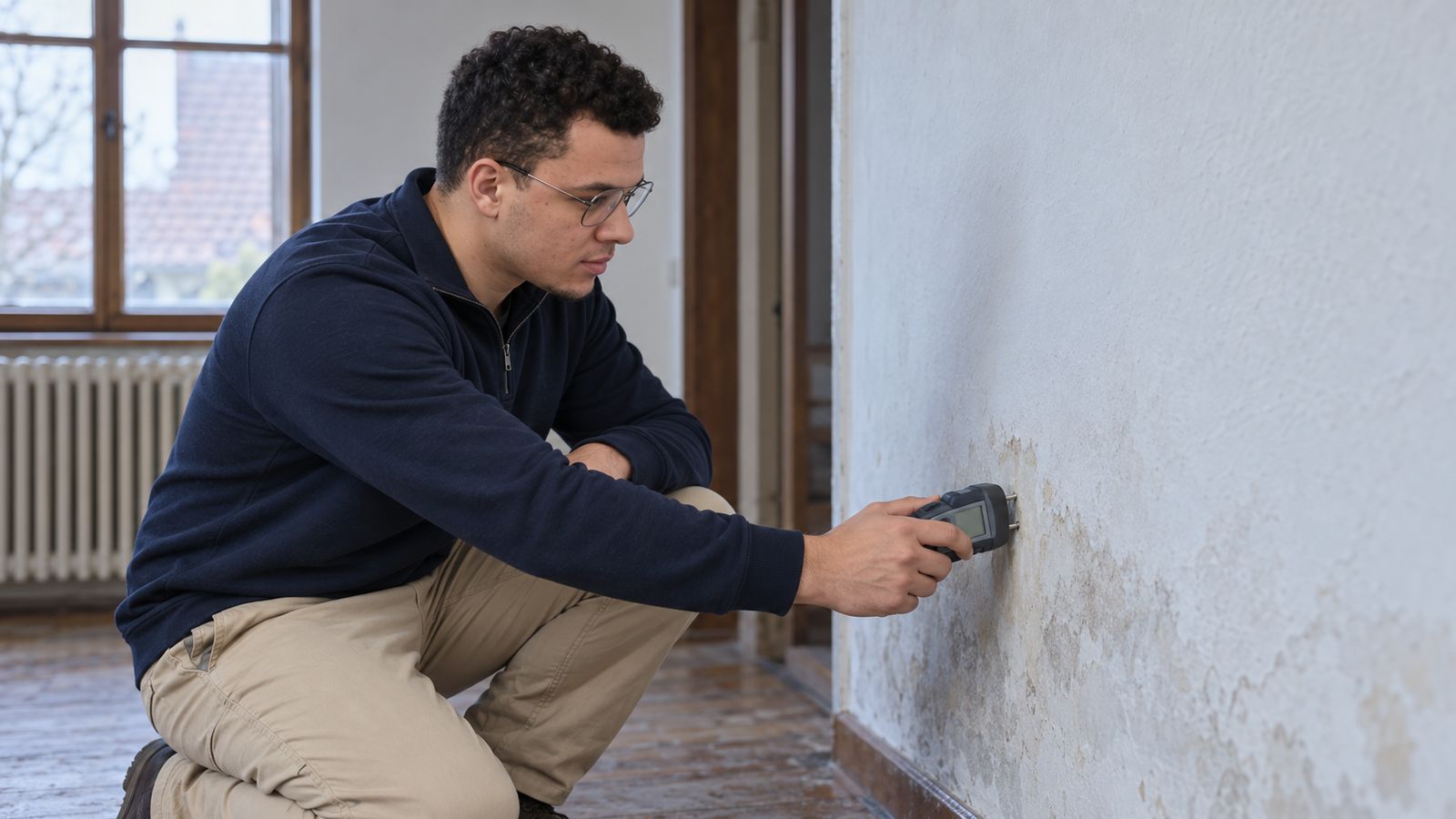 Energieberater misst die Feuchte an einer Innenwand