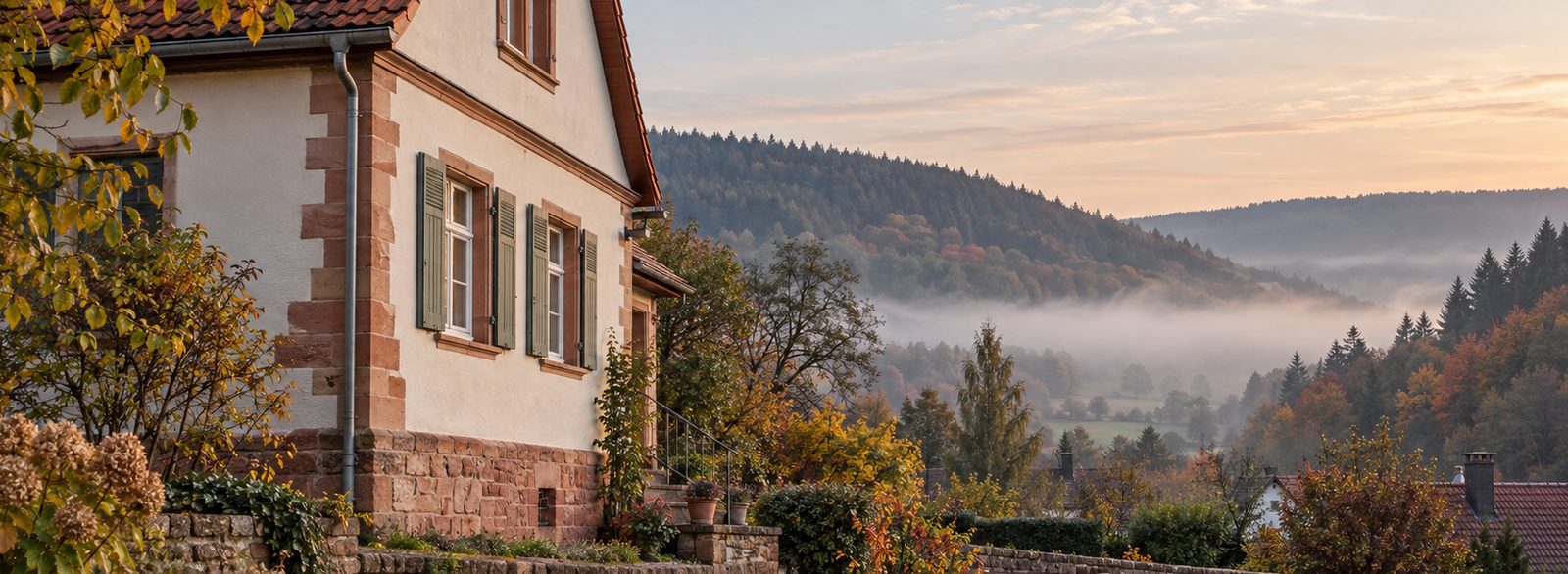 Haus mit rotem Sandsteinsockel am Rand des Spessartwalds im Talnebel